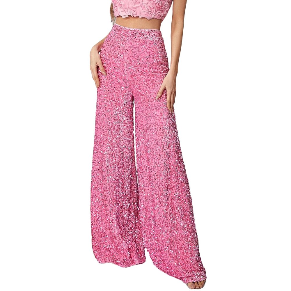 Adoeren Women Sequin Flare Long Pants Glitter Wide Leg Bell Bottom Palazzo Trousers Y2k Sparkly Disco Party Wear(C Pink,X-L)