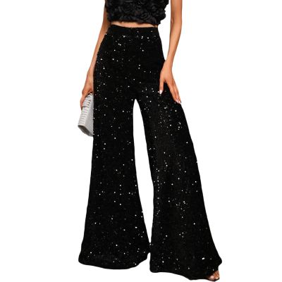 Adoeren Women Sequin Flare Long Pants Glitter Wide Leg Bell Bottom Palazzo Trousers Y2k Sparkly Disco Party Wear(C Black,L)