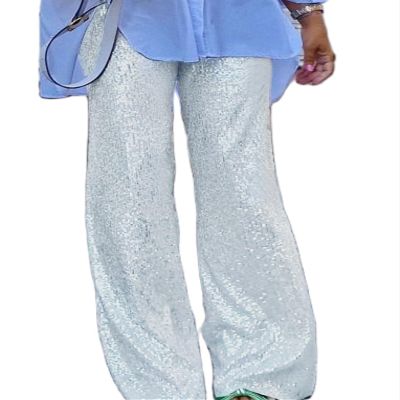 Adoeren Women Sequin Flare Long Pants Glitter Wide Leg Bell Bottom Palazzo Trousers Y2k Sparkly Disco Party Wear(A Silver,L)