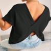 Women's 2023 Summer Casual T-Shirt Solid Waffle Knit Batwing Sleeve Tee Black view 3