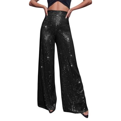 Adoeren Women Sequin Flare Long Pants Glitter Wide Leg Bell Bottom Palazzo Trousers Y2k Sparkly Disco Party Wear(D Black,X-L)