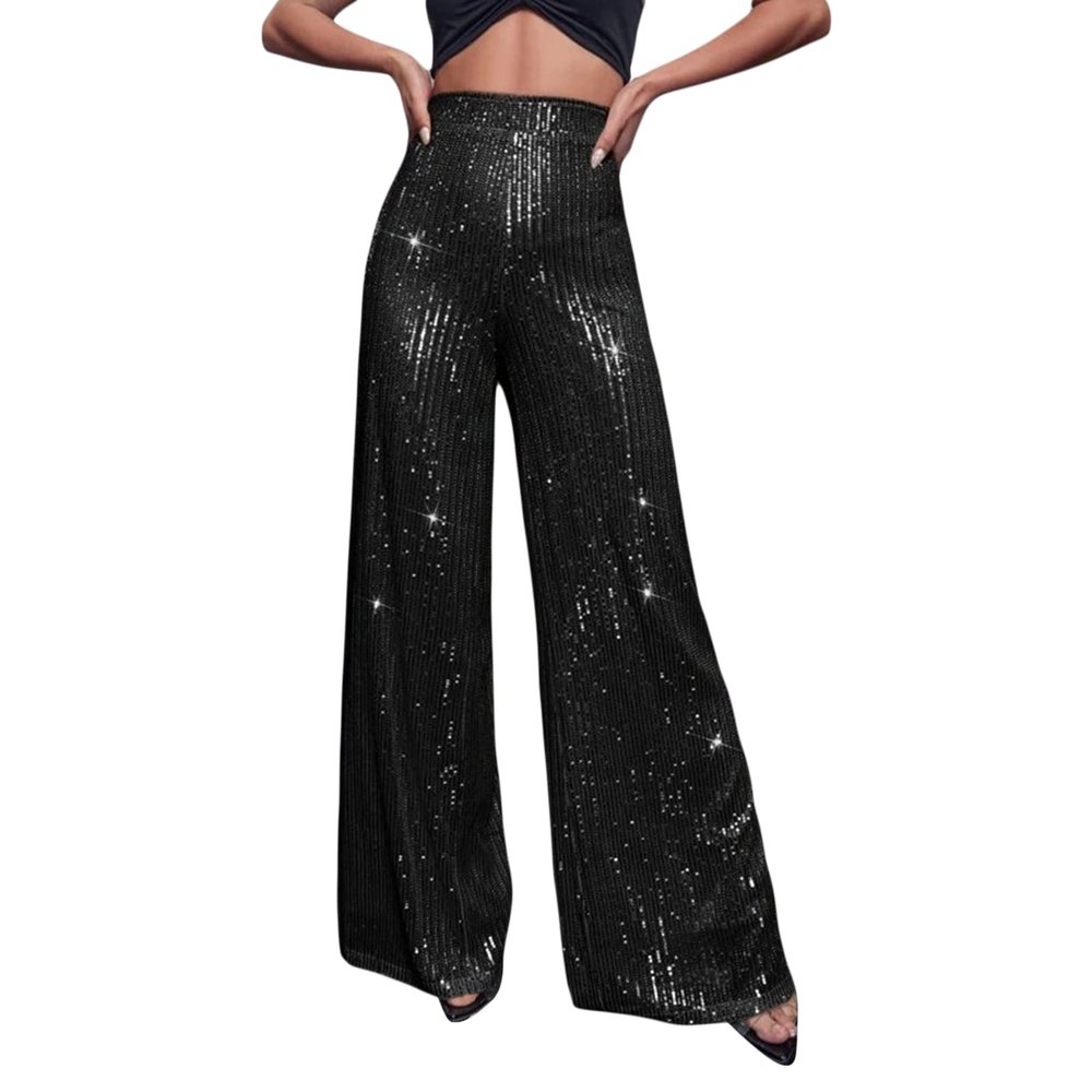 Adoeren Women Sequin Flare Long Pants Glitter Wide Leg Bell Bottom Palazzo Trousers Y2k Sparkly Disco Party Wear(D Black,X-L)