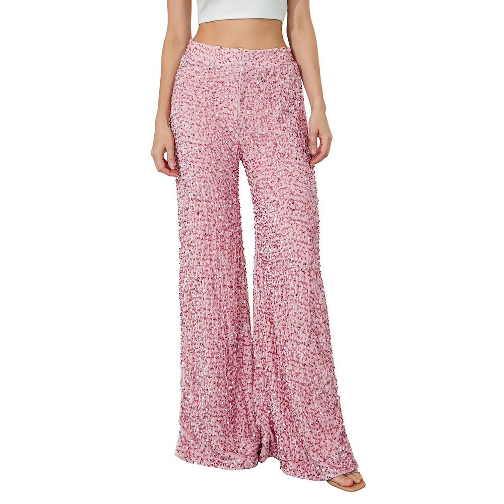 Adoeren Women Sequin Flare Long Pants Glitter Wide Leg Bell Bottom Palazzo Trousers Y2k Sparkly Disco Party Wear(C Light Pink,M)