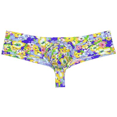 Jaxu Men's Mini Cheek Underwear Bulge Pouch Hipster Boxer Brief Booty Short Half Hip Brazilian Bikini Skimpy Swimwear Yellow Wax Flower M