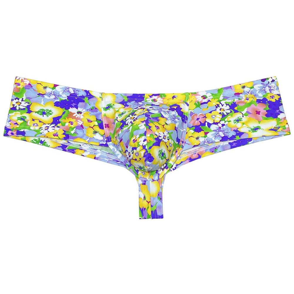 Jaxu Men's Mini Cheek Underwear Bulge Pouch Hipster Boxer Brief Booty Short Half Hip Brazilian Bikini Skimpy Swimwear Yellow Wax Flower M