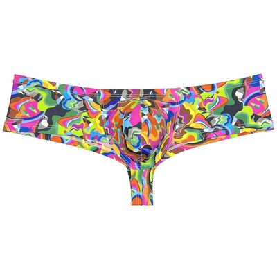 Jaxu Men's Mini Cheek Underwear Bulge Pouch Hipster Boxer Brief Booty Short Half Hip Brazilian Bikini Skimpy Swimwear Color Scrawl L