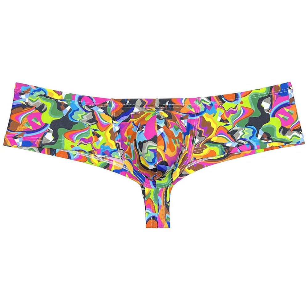 Jaxu Men's Mini Cheek Underwear Bulge Pouch Hipster Boxer Brief Booty Short Half Hip Brazilian Bikini Skimpy Swimwear Color Scrawl L