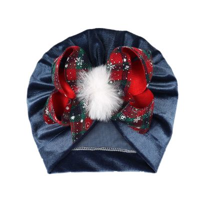 Girls Head Wraps Hats Baby Big Bow Velvet Hair Turban Cap Pleated Head Wraps Snowflake Xmas Christmas (Blue, One Size)
