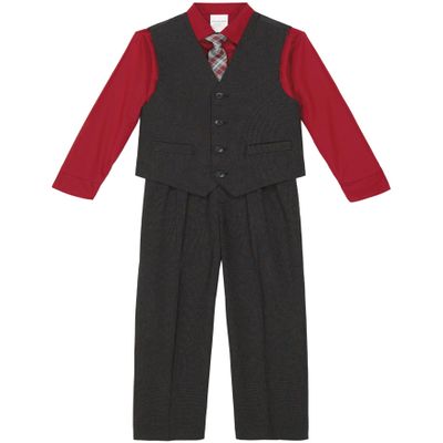 Van Heusen Boys' 4-Piece Formal Dress Up Suit Vest Set, Vest, Pants, Collared Dress Shirt, and Tie, Black Check, 2T