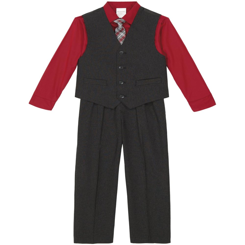Van Heusen Boys' 4-Piece Formal Dress Up Suit Vest Set, Vest, Pants, Collared Dress Shirt, and Tie, Black Check, 2T