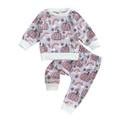 JeuaPho Baby Boy Halloween Outfits Pumpkin Pie Print Long Sleeve Sweatshirt and Pant for Toddler 2 Piece Fall Clothes Set (09 Pink, 6-12 Months)