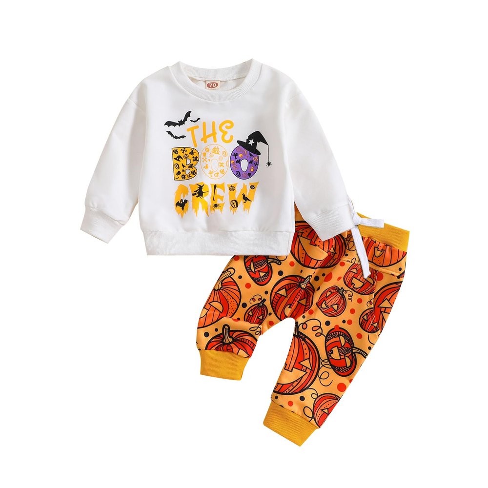 JeuaPho Baby Boy Halloween Outfits Pumpkin Pie Print Long Sleeve Sweatshirt and Pant for Toddler 2 Piece Fall Clothes Set (Orange White, 12-18 Months)