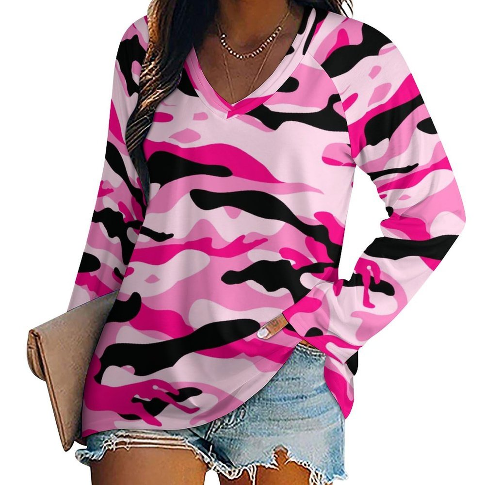 Pink Camo Women's Tunic Tops V-Neck Long Sleeve Loose Casual T-Shirts Blouses