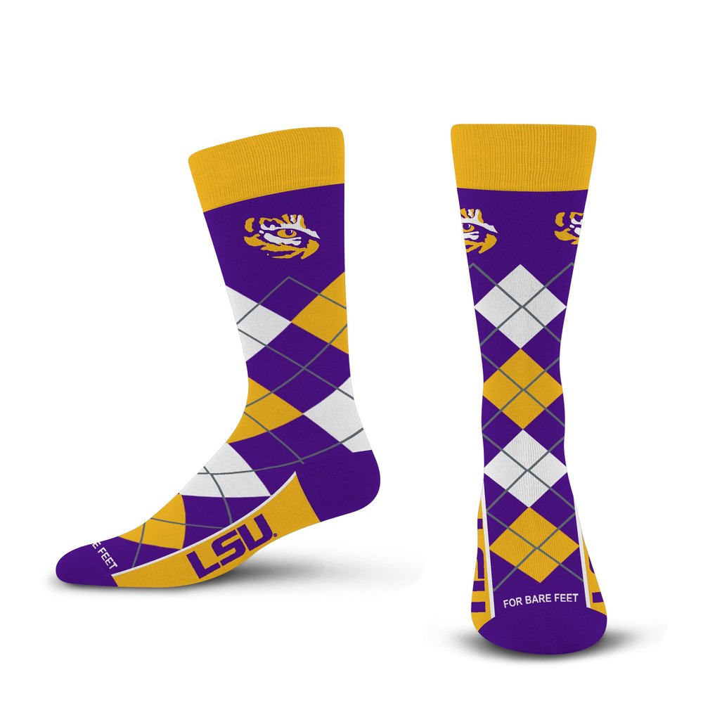 For Bare Feet NCAA LSU TIGERS Argyle Remix Premium Dress Sock Team Color OSFM