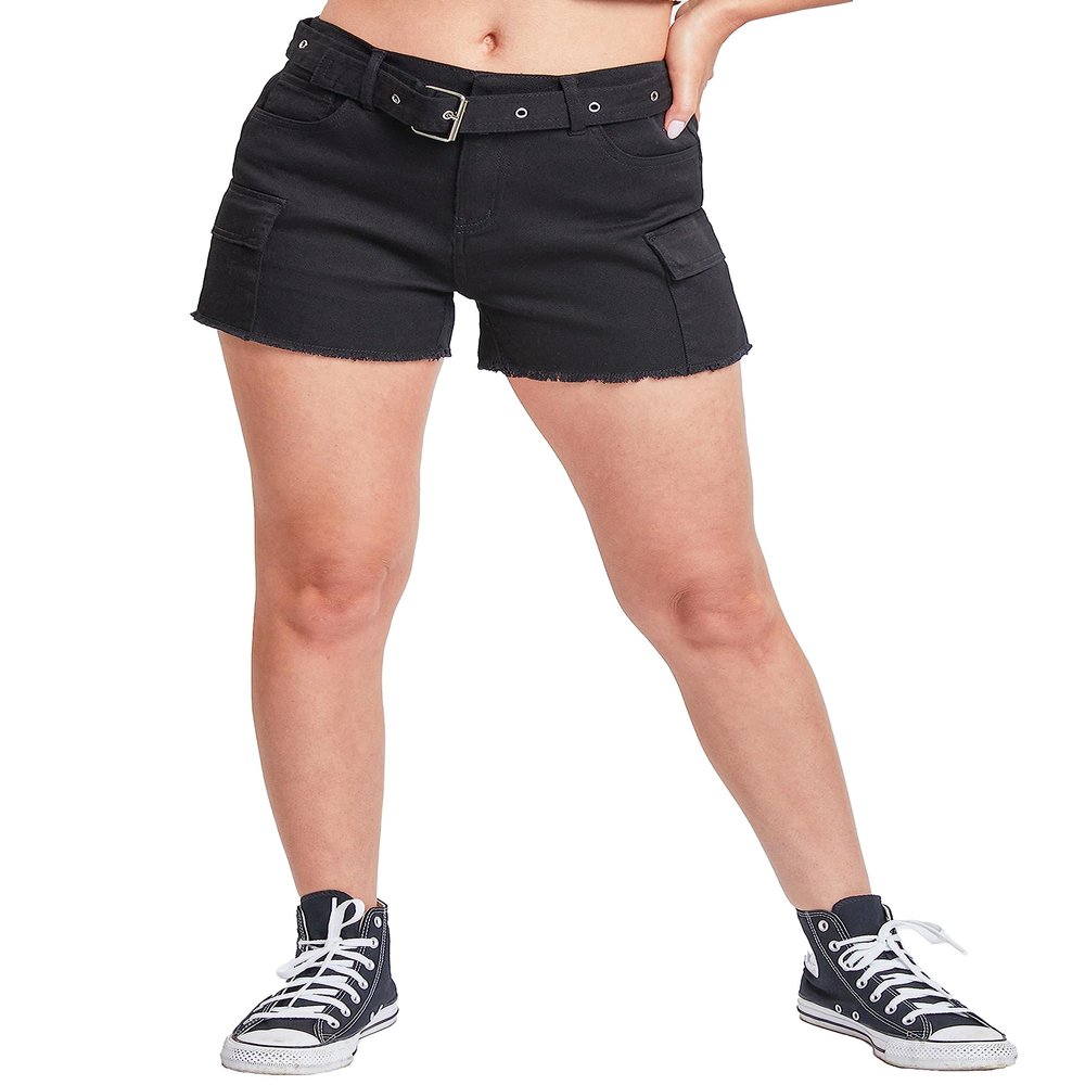 YMI Womens High Rise Belted Cargo Shorts, Black, 13