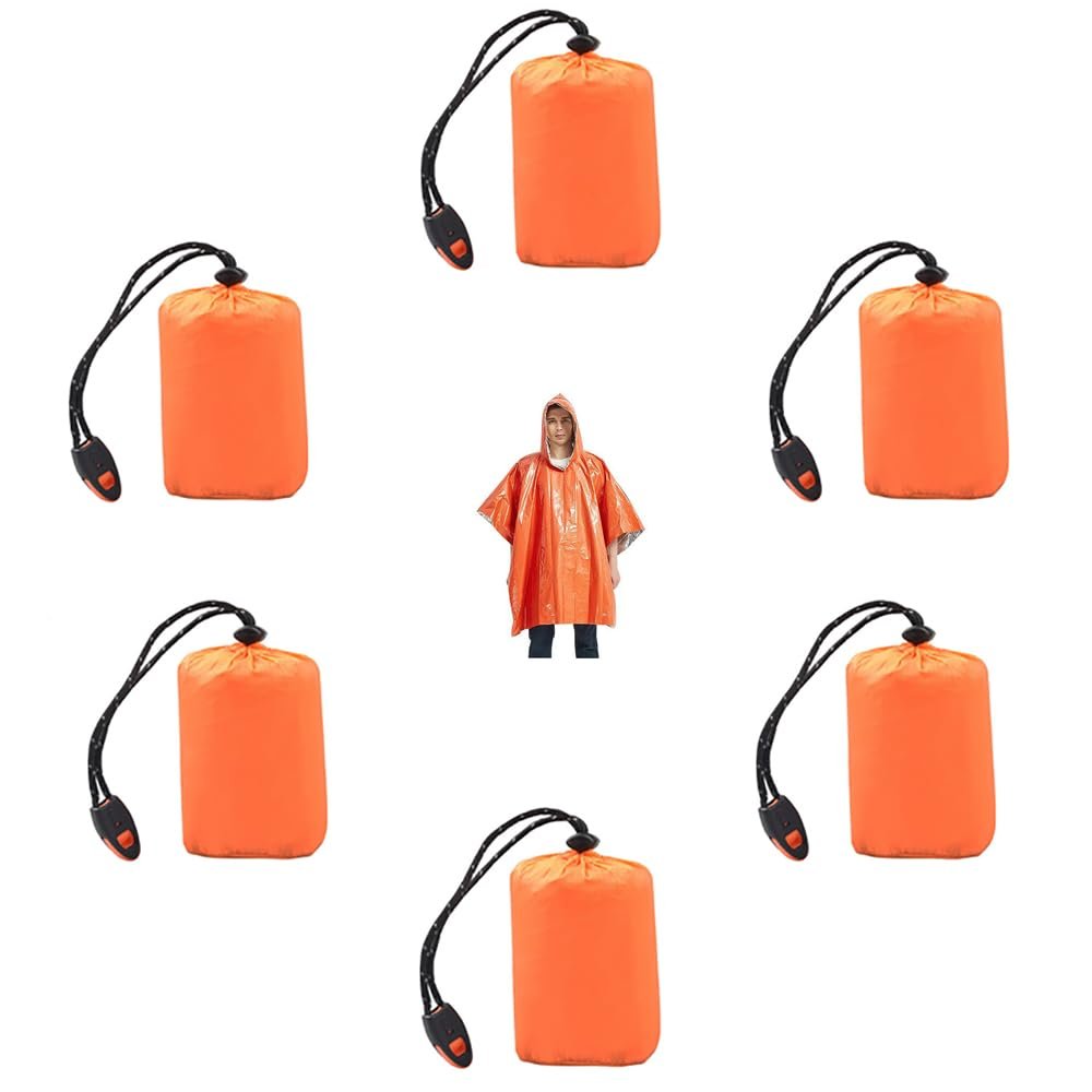 6Pcs Emergency Rain Poncho, Waterproof Foldable Compact Survival Blanket Poncho Kit with Carry Bag and Whistle, Keep You Dry and Warmth, for Survival Camping Extreme Weather