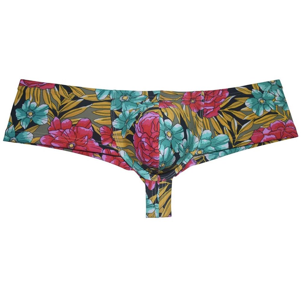 Jaxu Men's Mini Cheek Underwear Bulge Pouch Hipster Boxer Brief Booty Short Half Hip Brazilian Bikini Skimpy Swimwear Red Peony L