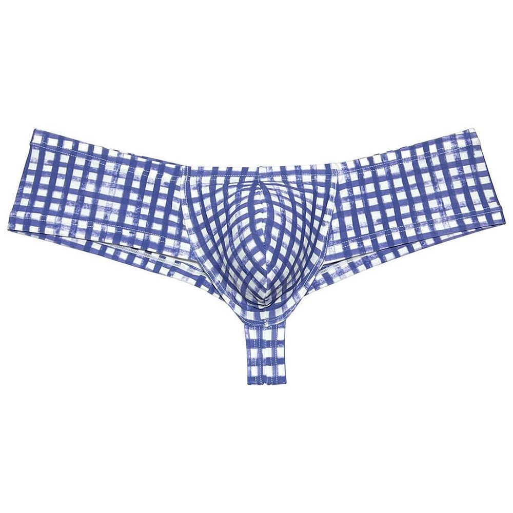 Jaxu Men's Mini Cheek Underwear Bulge Pouch Hipster Boxer Brief Booty Short Half Hip Brazilian Bikini Skimpy Swimwear Scrawl Plaid M