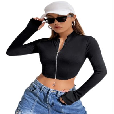 Zip Up Thumb Holes Crop Jacket (Color : Black, Size : Medium)