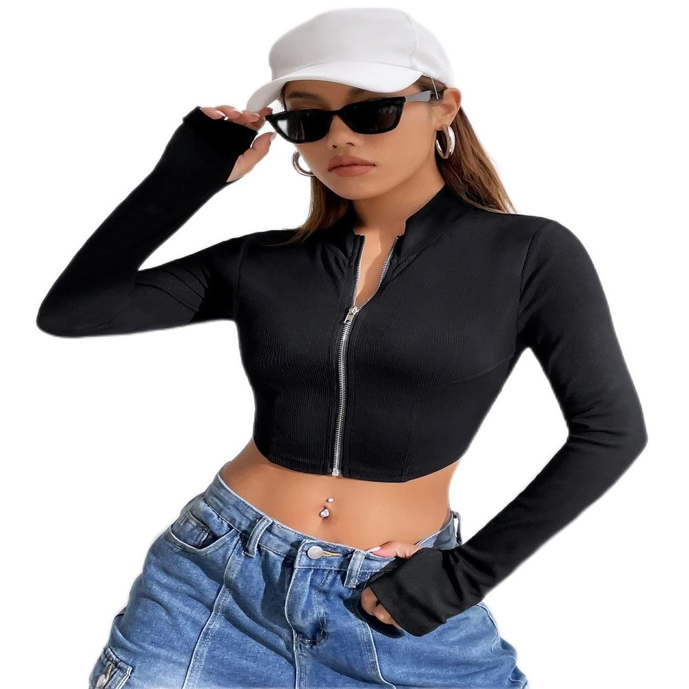 Zip Up Thumb Holes Crop Jacket (Color : Black, Size : Medium)