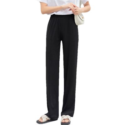 Thin Loose Casual Drop Feeling Ice Silk Pants Women High Waist Straight Tube Wide Leg Trouser Black S(40-50) KG
