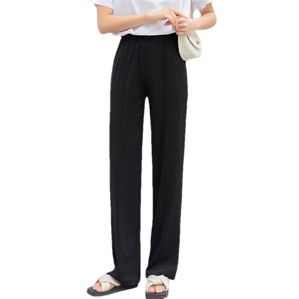 Thin Loose Casual Drop Feeling Ice Silk Pants Women High Waist Straight Tube Wide Leg Trouser Black S(40-50) KG