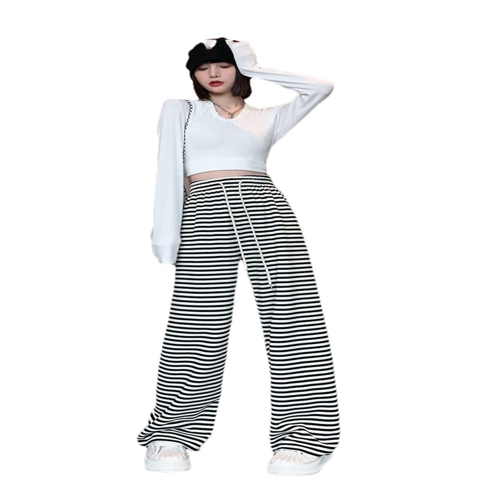 Pulcykp Striped Narrow Wide Leg Pants Women Loose and Slim High Waist Draping Casual Knitted Pant White M