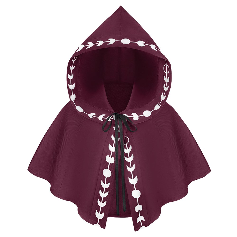 BXT Medieval Moon Phases Print Cowl Cloak Grim Short Print Hooded Cape Halloween Dress Up Cosplay Poncho for Women Men Red