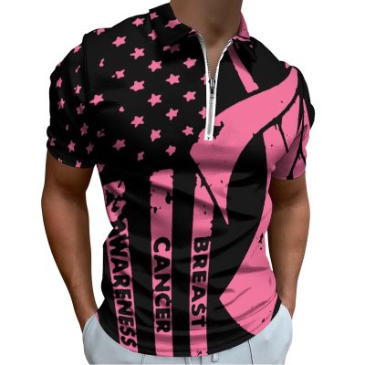 Breast Cancer Awareness Flag Men's Zip Up Short Sleeve Polo Shirt Slim Fit Casual Collared Tee Golf Top L