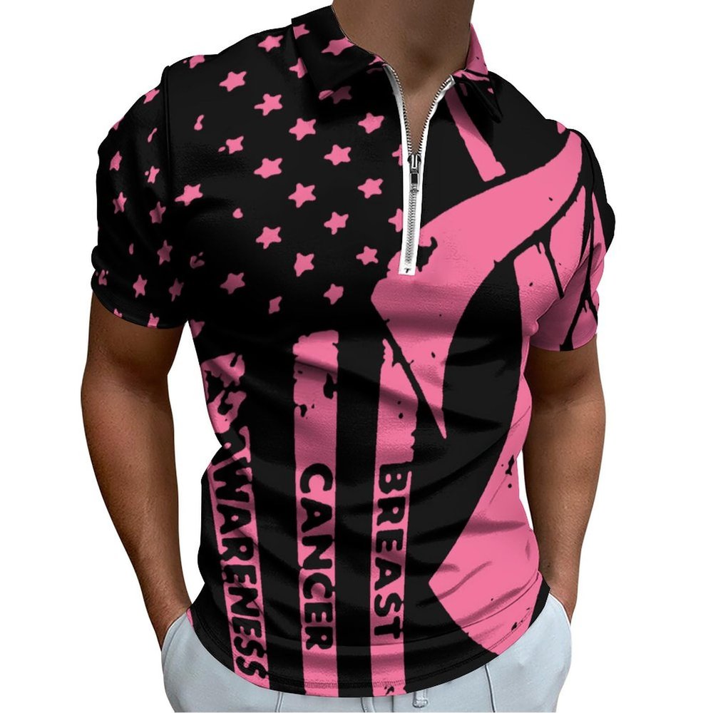 Breast Cancer Awareness Flag Men's Zip Up Short Sleeve Polo Shirt Slim Fit Casual Collared Tee Golf Top L