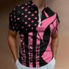 Breast Cancer Awareness Flag Men's Zip Up Short Sleeve Polo Shirt Slim Fit Casual Collared Tee Golf Top L view 2