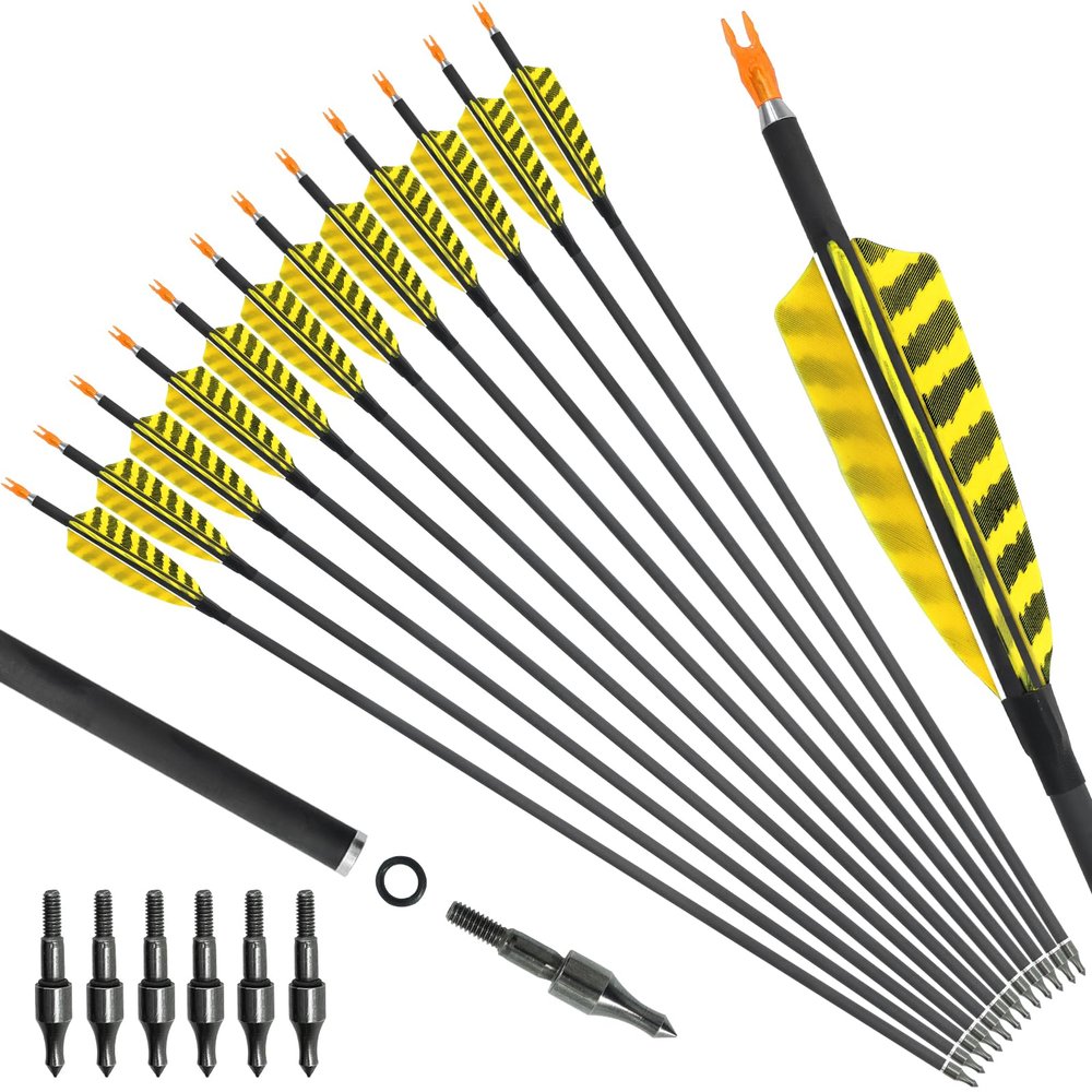 30 Inch Carbon Arrows with 6 Arrowheads Spine 400/500/600 Pure Carbon Arrows with Emovable Stainless Steel Tips for Compound Bow Recurve Bow Longbows