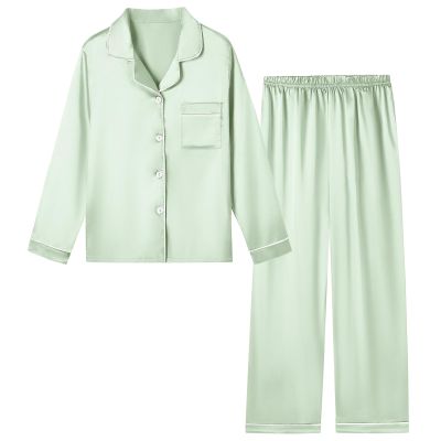 Schbbbta Women Satin Pajamas Set, 2 Pec Comfy Sleepwear Long Sleeve Soft Silk Matching Silky Soft Pjs Set, Light Green, X-Large