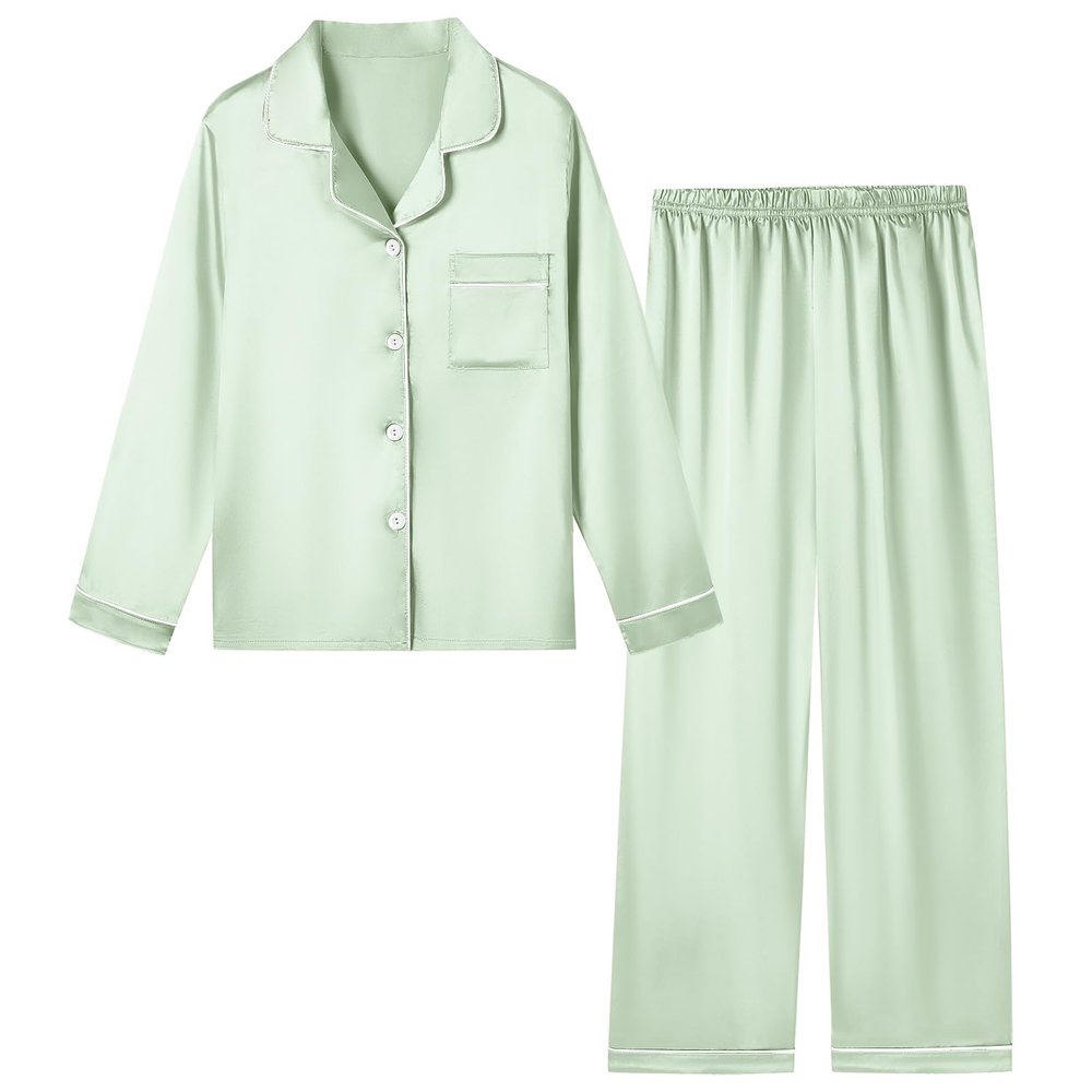 Schbbbta Women Satin Pajamas Set, 2 Pec Comfy Sleepwear Long Sleeve Soft Silk Matching Silky Soft Pjs Set, Light Green, X-Large