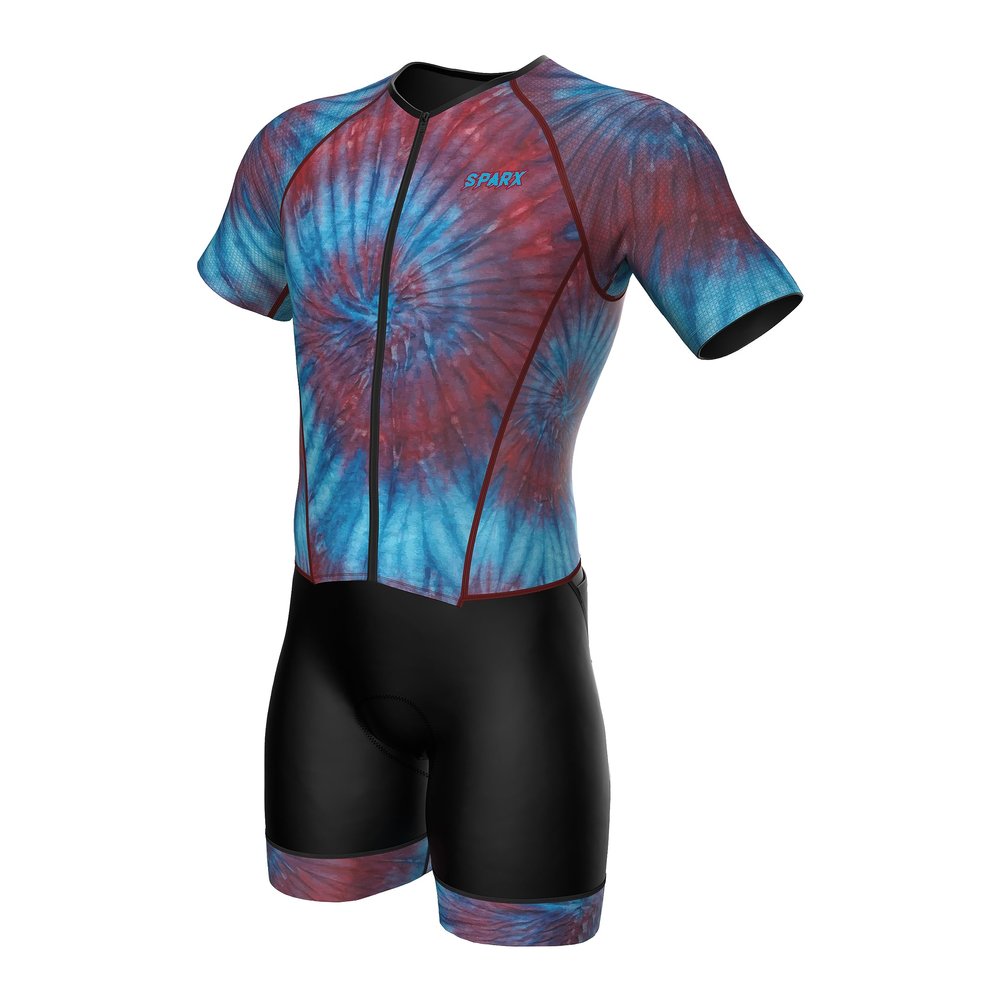 Sparx Mens Elite Aerosuit Triathlon Suit Mens Short Sleeve Tri Suit Skinsuit (Tie&Dye Maroon, Large)