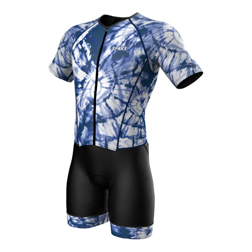 Sparx Mens Elite Aerosuit Triathlon Suit Mens Short Sleeve Tri Suit Skinsuit (Tie&Dye Blue, XL)