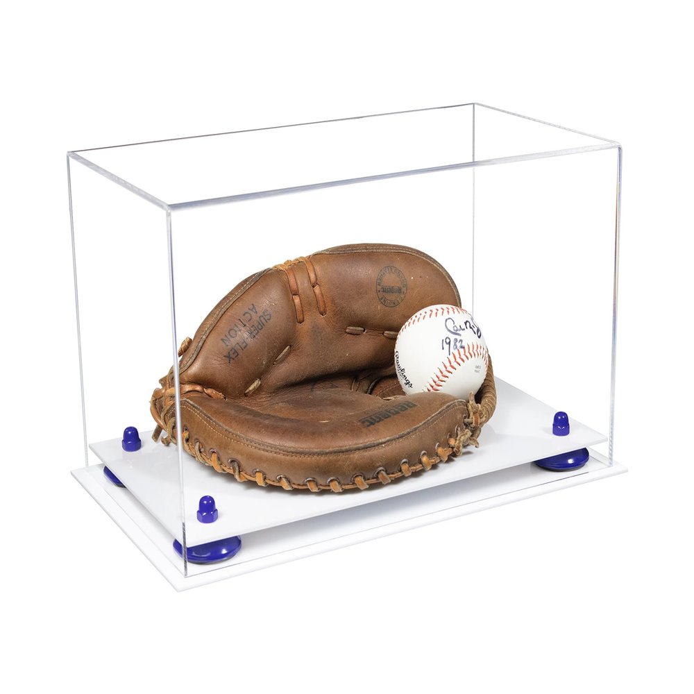 Better Display Cases Acrylic Catchers Glove Display Case with Clear Case, Dark Blue Risers and White Base 14" x 8" x 8.5" (V16/A011)