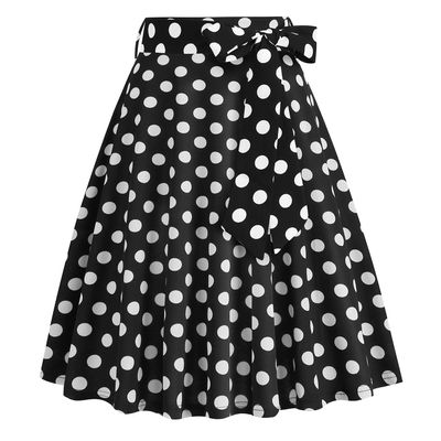 50s Skirts for Women Polka Dot Black Knee Length Skirt Womens Vintage High Waist A-Line Skater Skirt Flared Midi Skirt Faldas De Mujer Elegantes Pleated Swing Skirt Black Bow Tie Polka Dot XL