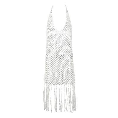 XMHSSFF Women Crochet Knit Dress Hollow Out Backless Summer Beach Cover Up Dress Bikini Swimsuit Low Cut Beach Dresses Sundress