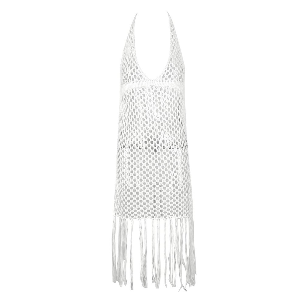 XMHSSFF Women Crochet Knit Dress Hollow Out Backless Summer Beach Cover Up Dress Bikini Swimsuit Low Cut Beach Dresses Sundress