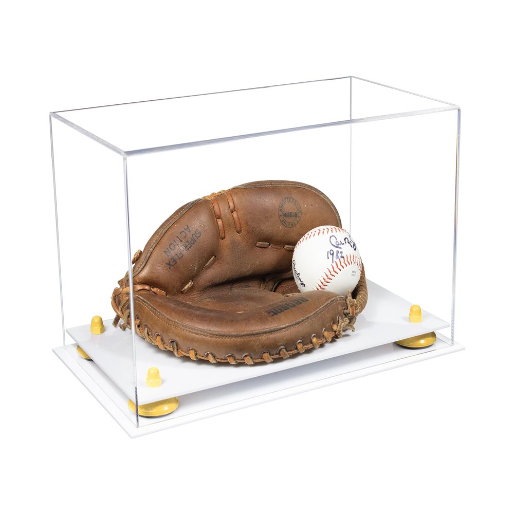 Better Display Cases Acrylic Catchers Glove Display Case with Clear Case, Yellow Risers and White Base 14" x 8" x 8.5" (V16/A011)