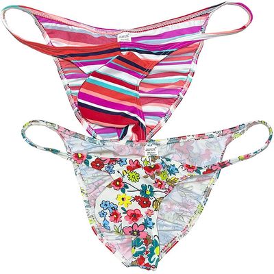 Jaxu Men Bikini Briefs Flex Skimpy Underwearpants Enhance Bulge Pouch Posing Underwear Male Ruched Cheek Briefs String Waist 2-Pack(Pink Abstract Stripe,Pink Peach Blossom) XL