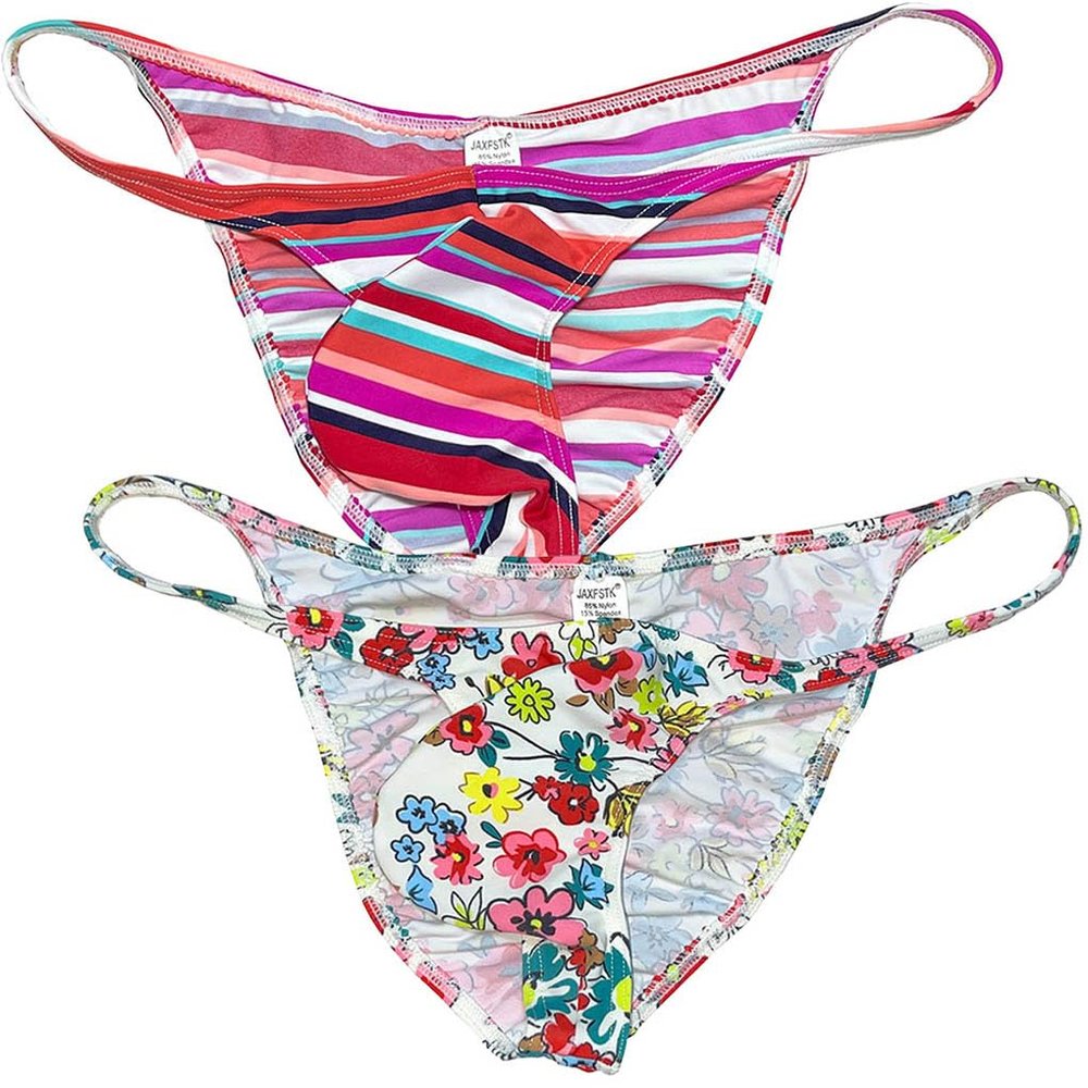 Jaxu Men Bikini Briefs Flex Skimpy Underwearpants Enhance Bulge Pouch Posing Underwear Male Ruched Cheek Briefs String Waist 2-Pack(Pink Abstract Stripe,Pink Peach Blossom) XL