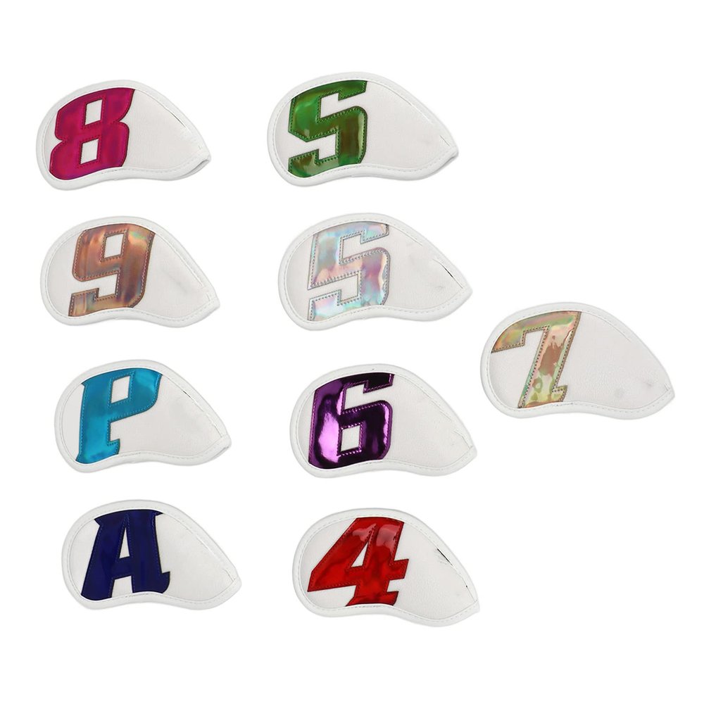 9 PCS Golf Club Head Covers, PU Waterproof Fabric, Plush Synthetic Leather Golf Iron Head Covers Set, Embroidered Club Label On Both Sides of Head Cover(Whtie)