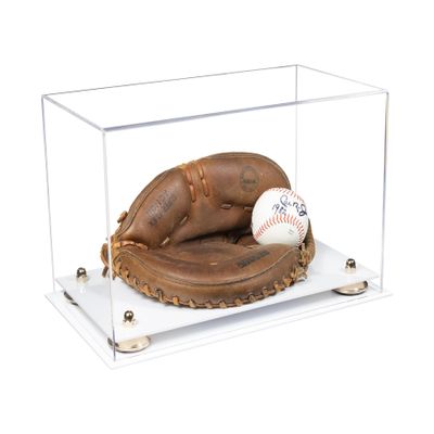 Better Display Cases Acrylic Catchers Glove Display Case with Clear Case, Gold Risers and White Base 14" x 8" x 8.5" (V16/A011)