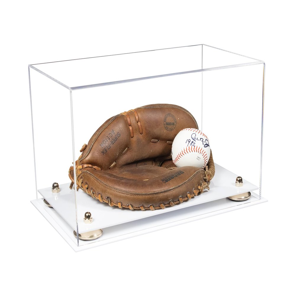 Better Display Cases Acrylic Catchers Glove Display Case with Clear Case, Gold Risers and White Base 14" x 8" x 8.5" (V16/A011)