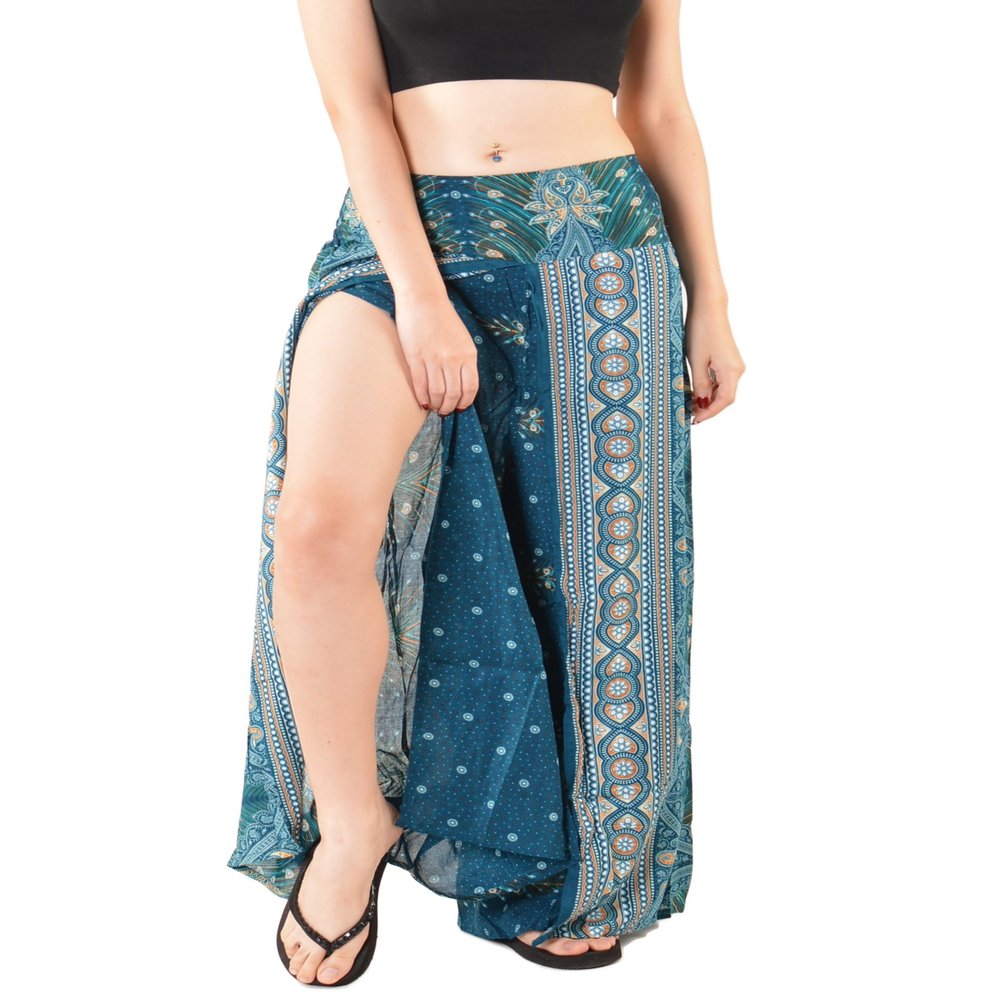 Orient Trail Womens Palazzo Wide Leg Slit Split Leg Yoga Wrap Pants Casual Beach Boho Hippie Bohimian Pilate Flowy Pilates Large Peacock Teal