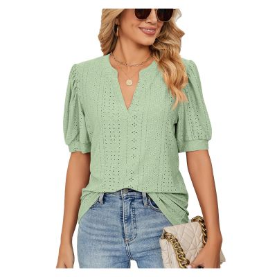2023 Summer Casual V-Neck Solid Color Hollow Puff Sleeve Loose T-Shirt Top Women (Color : A8, Size : Small)