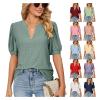 2023 Summer Casual V-Neck Solid Color Hollow Puff Sleeve Loose T-Shirt Top Women (Color : A8, Size : Small) view 2