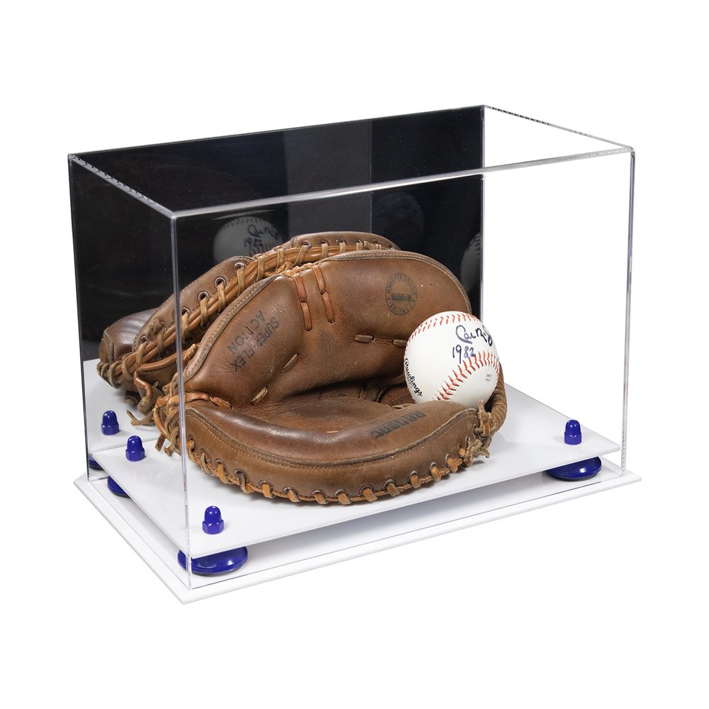 Better Display Cases Acrylic Catchers Glove Display Case with Mirror Case, Dark Blue Risers and White Base 14" x 8" x 8.5" (V16/A011)